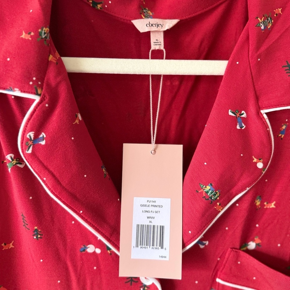 NWT Eberjey Gisele Printed Long Pajama Set Nutcracker Holly Red & Ivory Size XL - Picture 8 of 14